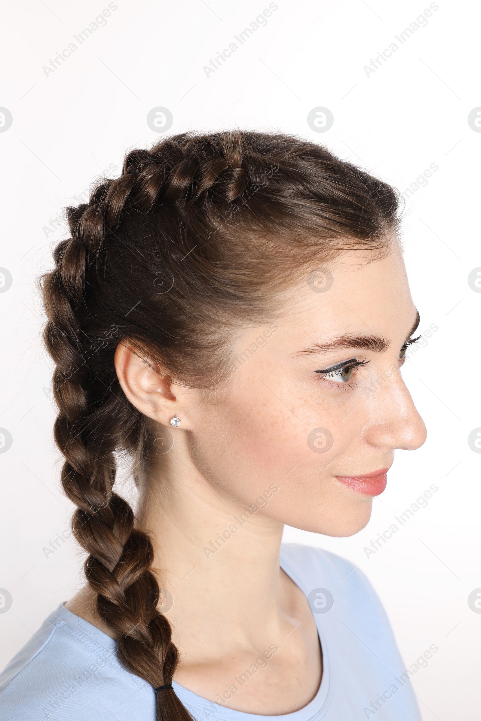 Photo of Woman with braided hair on white background