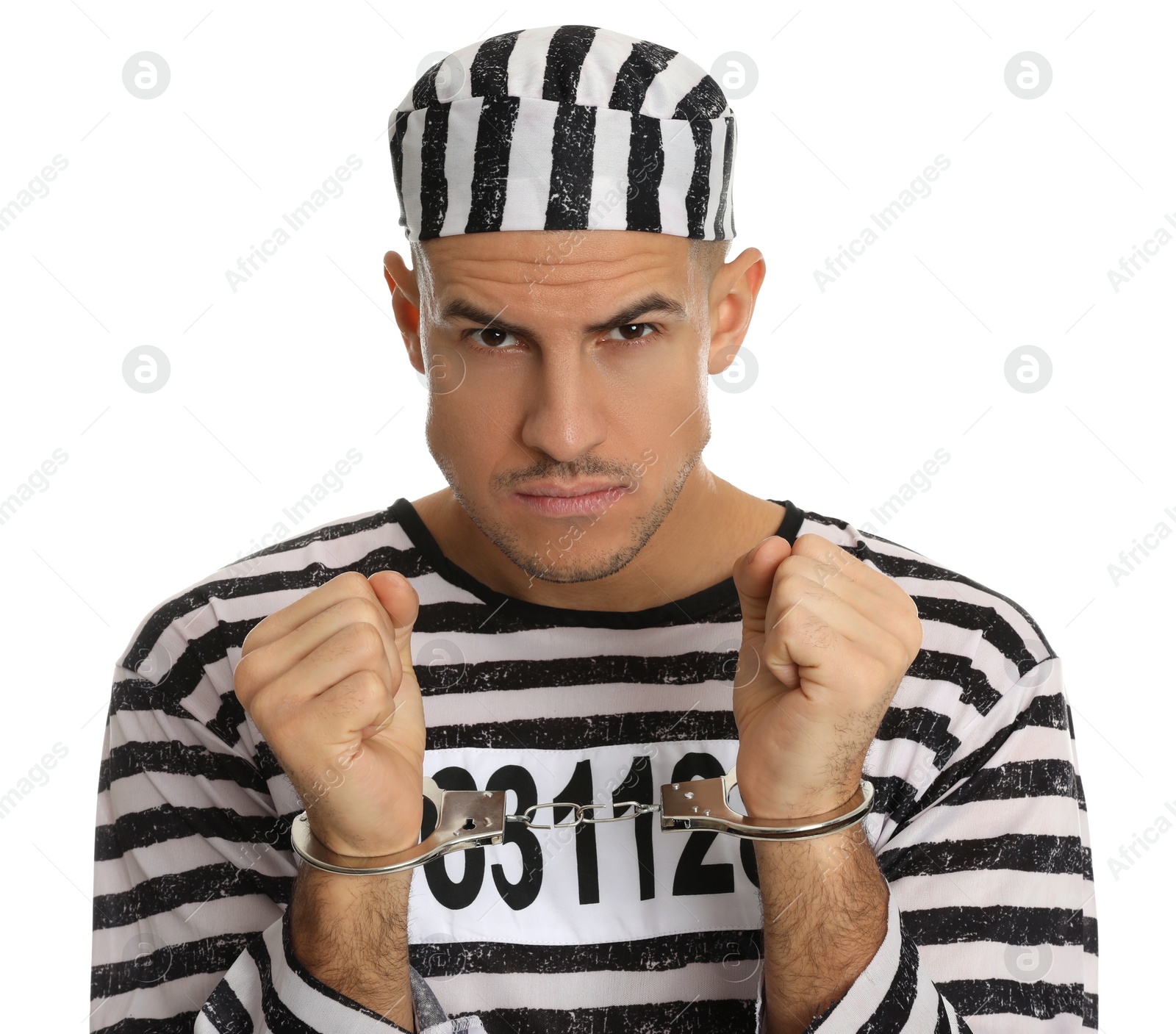 Photo of Prisoner in striped uniform with handcuffs on white background