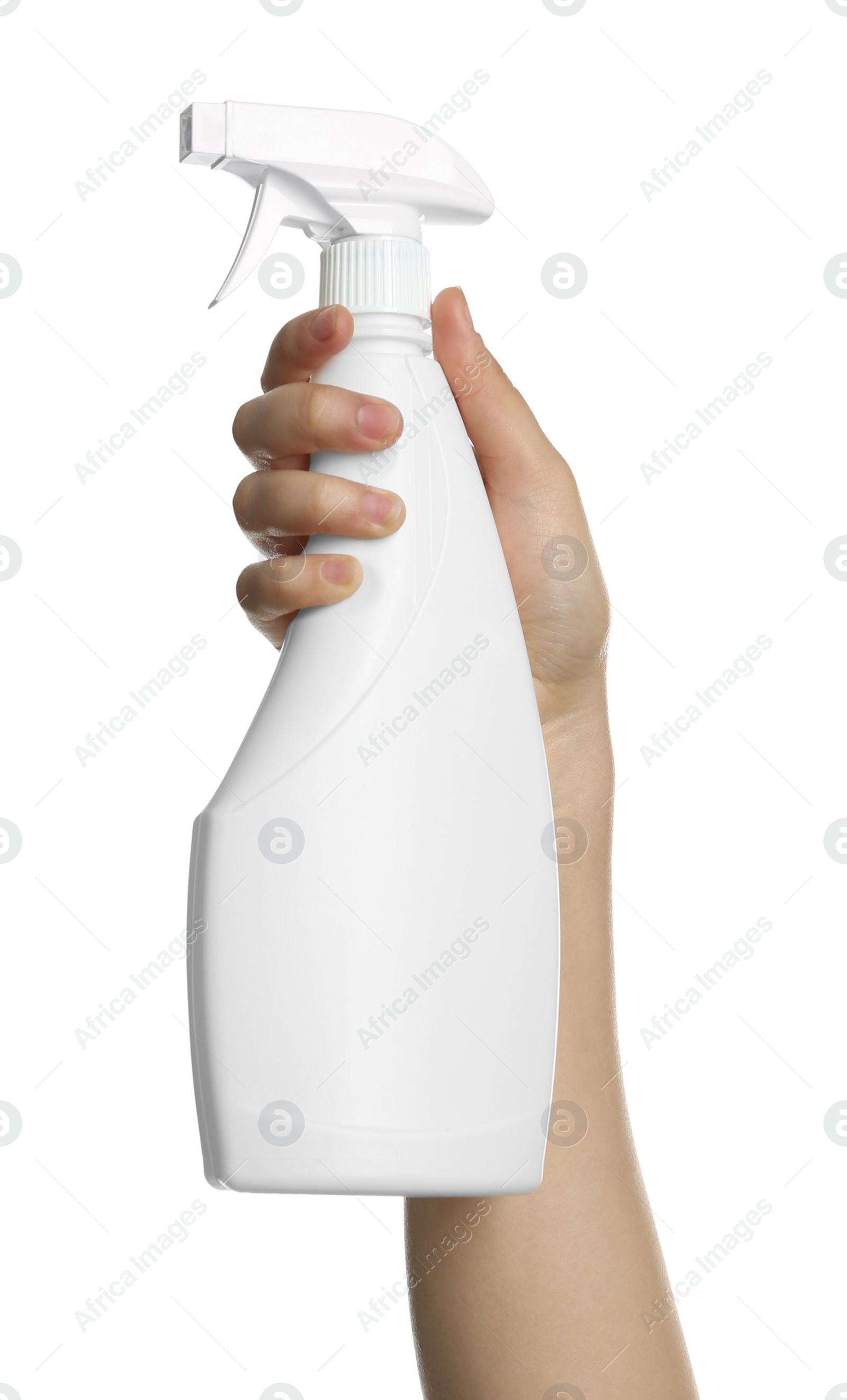 Photo of Woman holding plastic sprayer on white background, closeup