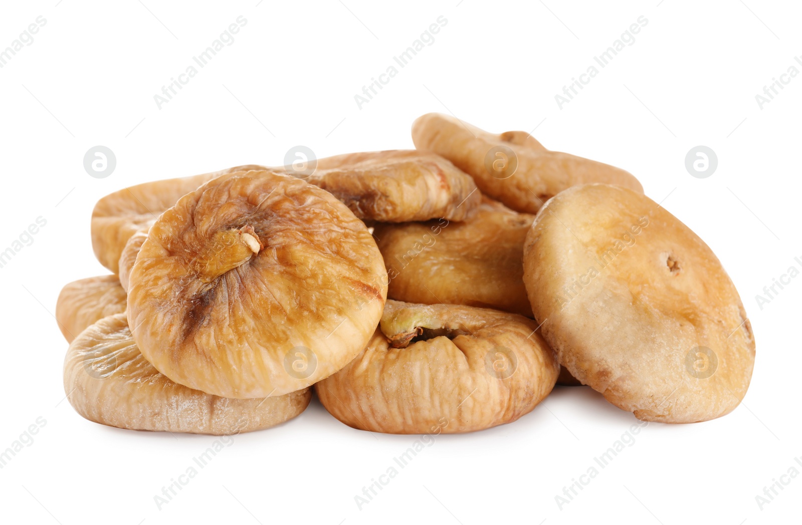 Photo of Pile of tasty dried figs isolated on white