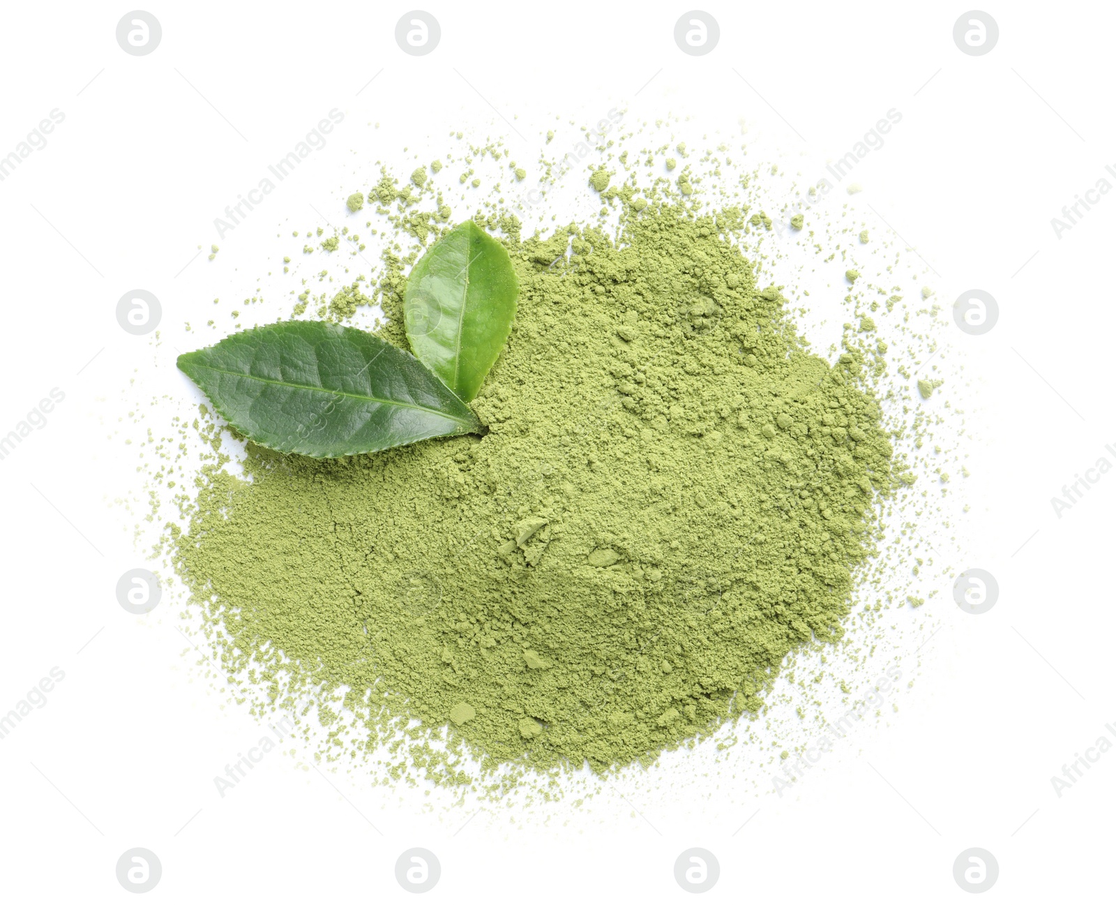 Photo of Pile of green matcha powder and fresh leaves isolated on white, top view