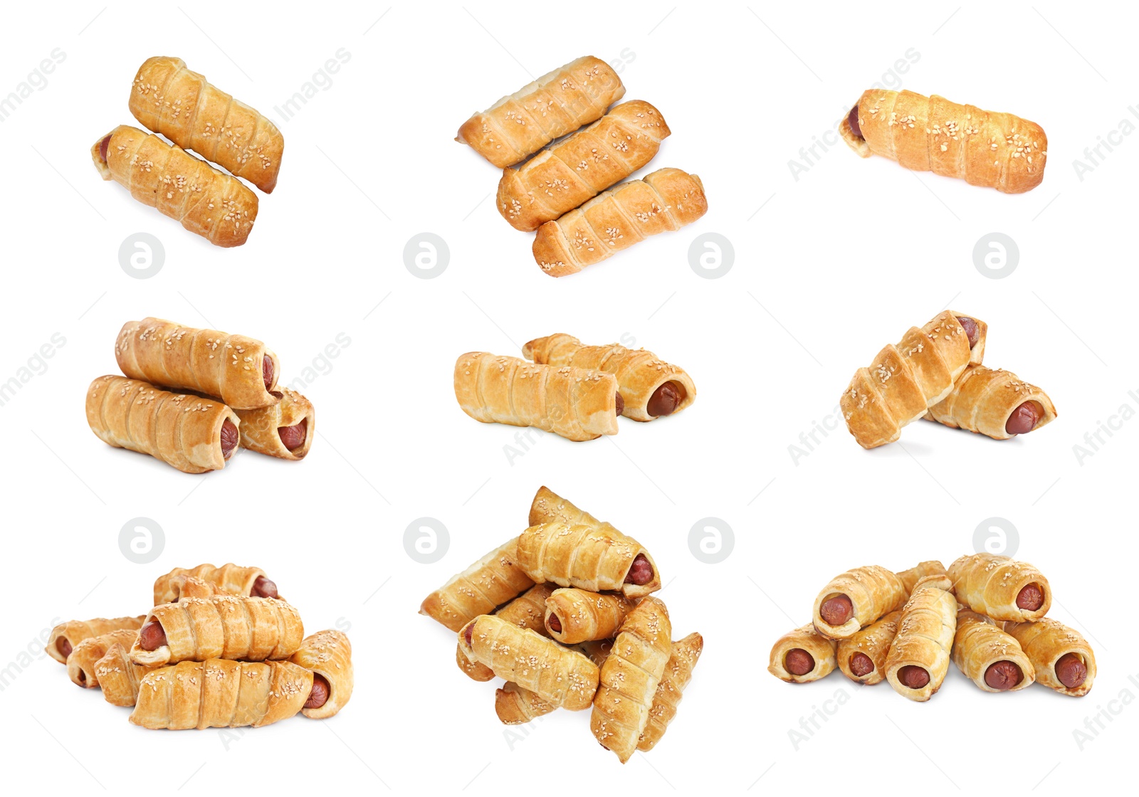 Image of Collage of tasty sausages in dough on white background