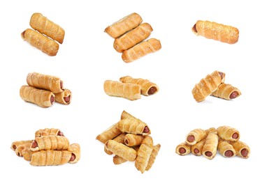 Collage of tasty sausages in dough on white background