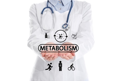 Image of Metabolism concept. Doctor with stethoscope on white background, closeup