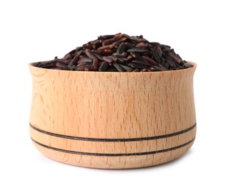 Photo of Bowl with uncooked black rice on white background