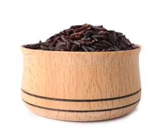 Bowl with uncooked black rice on white background