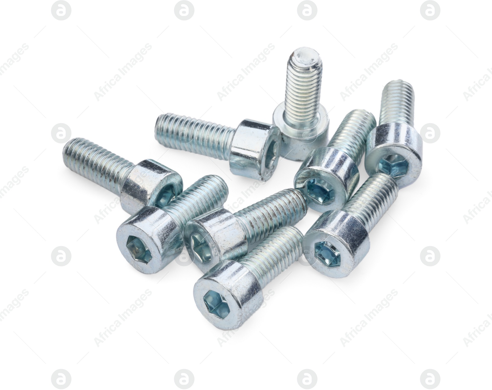 Photo of Metal socket screws isolated on white. Hardware tools