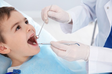 Dentist examining cute boy's teeth in modern clinic