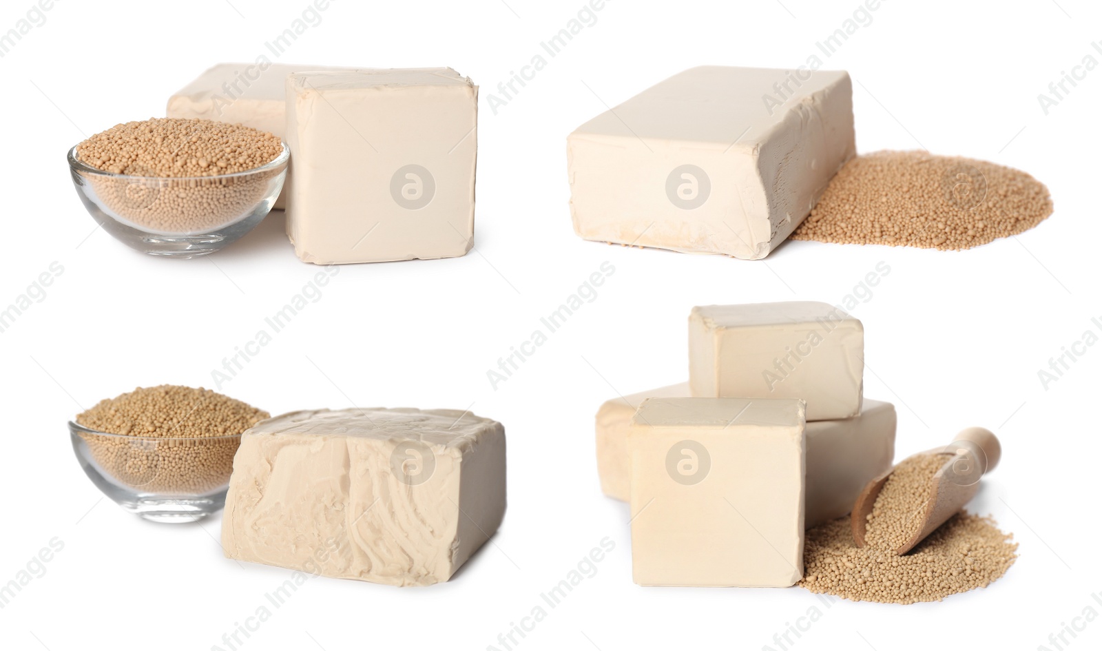 Image of Set with compressed and dry yeast on white background. Banner design