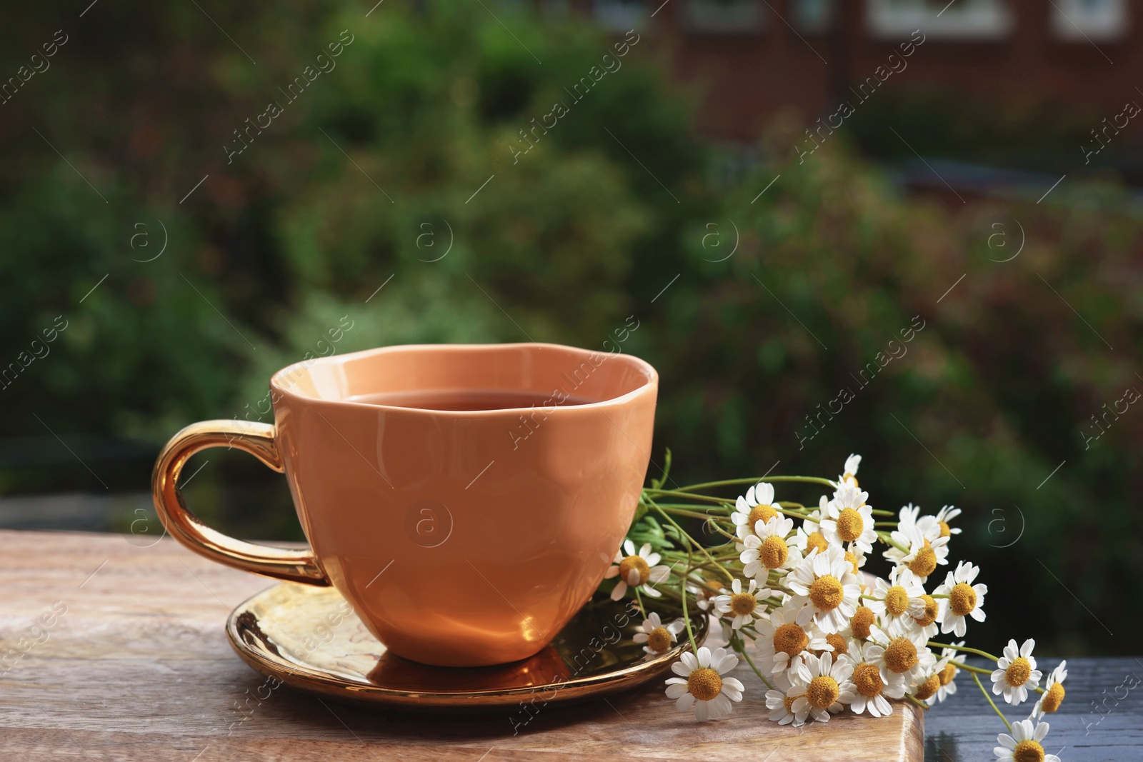 Photo of Cup of delicious chamomile tea and fresh flowers outdoors