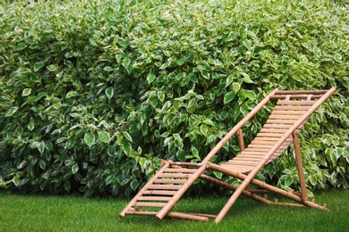 Photo of Wooden deck chair in beautiful garden on sunny day. Space for text