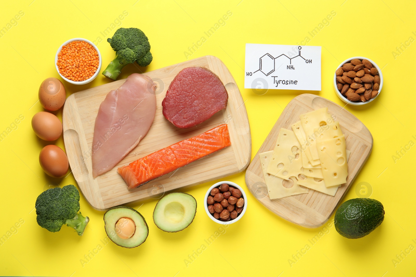 Photo of Different fresh products and paper with Tyrosine chemical formula on yellow background, flat lay. Sources of essential amino acids