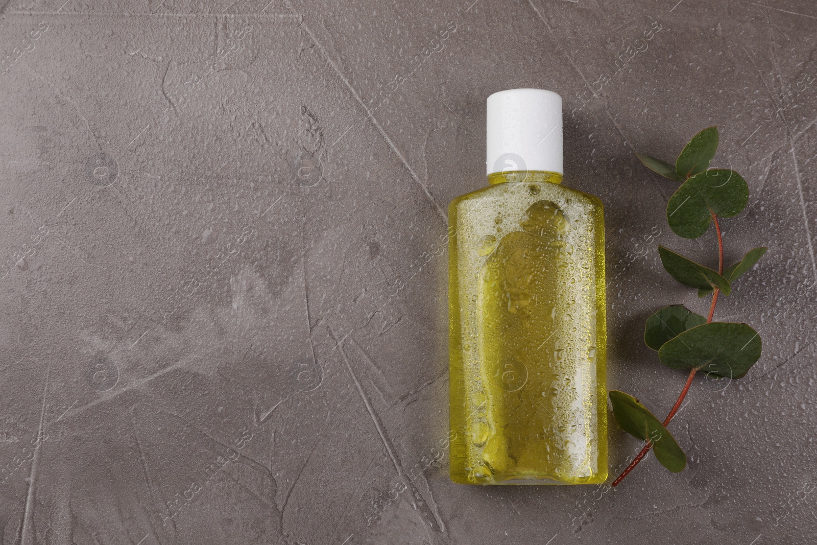 Photo of Fresh mouthwash in bottle and eucalyptus branch on dark textured table with water drops, top view. Space for text