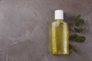 Photo of Fresh mouthwash in bottle and eucalyptus branch on dark textured table with water drops, top view. Space for text