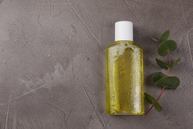 Fresh mouthwash in bottle and eucalyptus branch on dark textured table with water drops, top view. Space for text