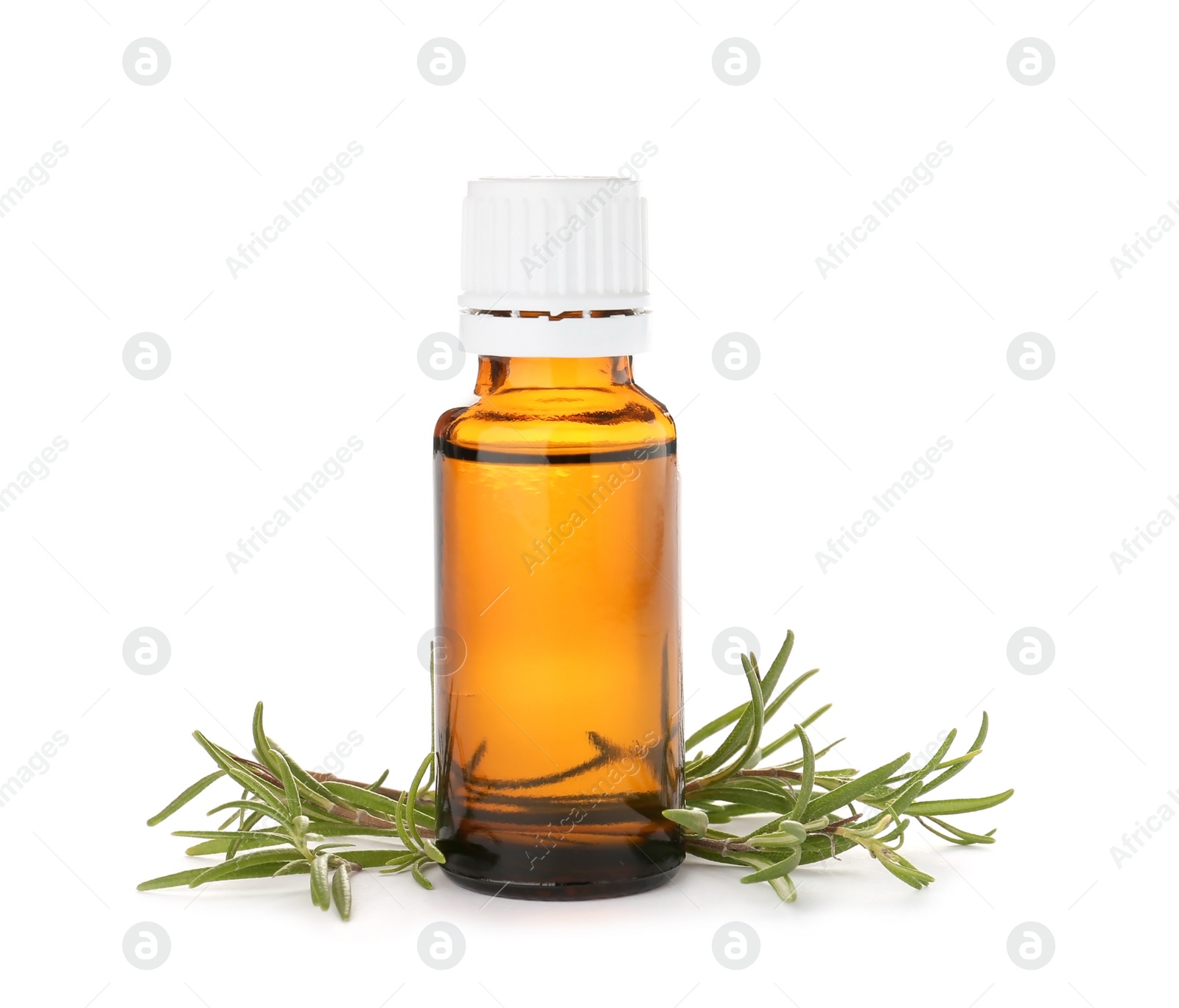 Photo of Bottle with rosemary oil on white background