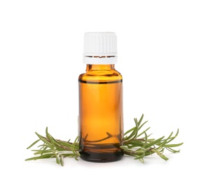 Bottle with rosemary oil on white background