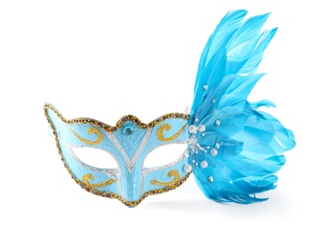 Photo of Beautiful light blue carnival mask with feathers isolated on white