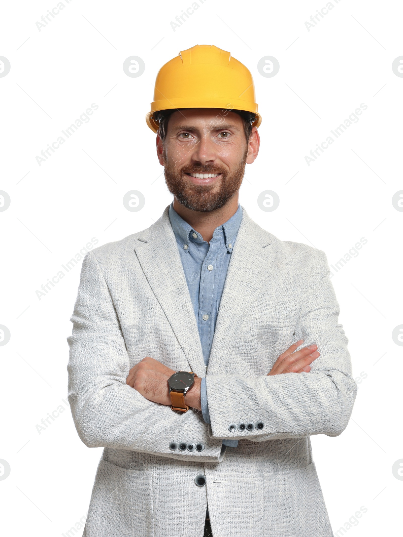 Photo of Professional engineer in hard hat isolated on white