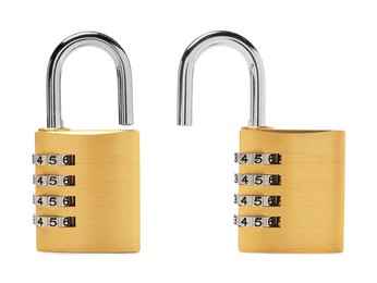Image of Modern padlock isolated on white, collage of photos