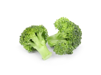 Photo of Fresh green broccoli on white background. Organic food