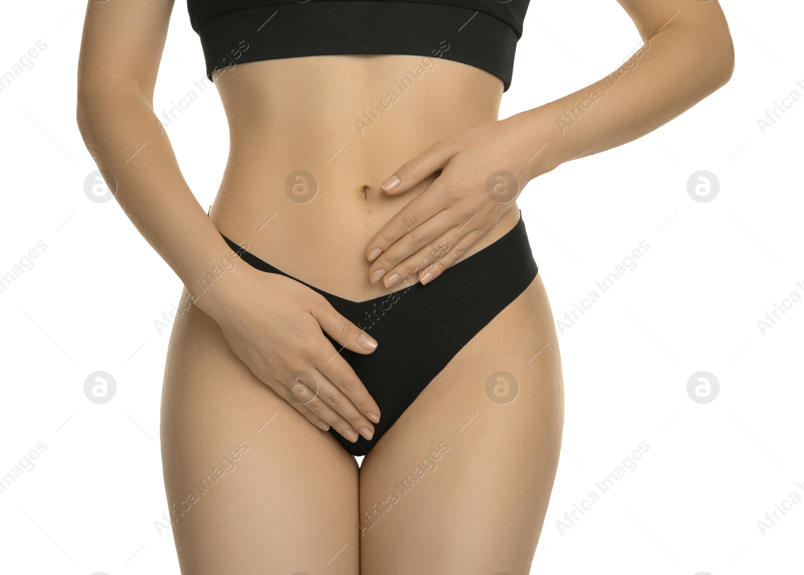 Photo of Gynecology. Woman in underwear on white background, closeup