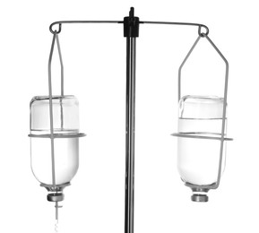 Photo of IV infusion set on pole against white background