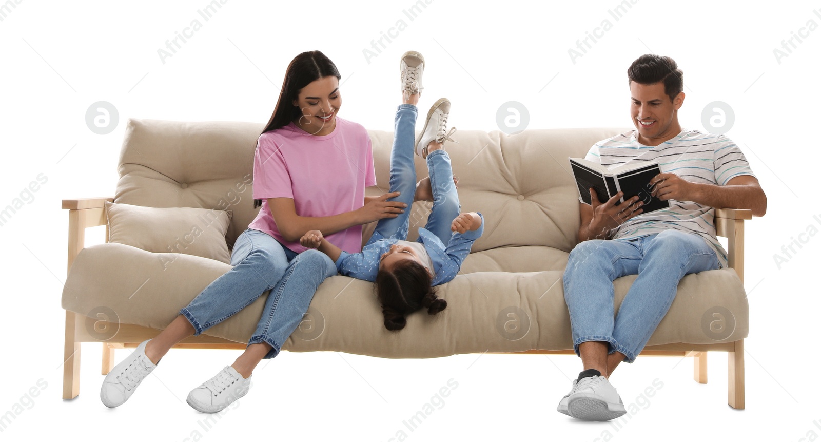 Photo of Happy family resting on comfortable sofa against white background