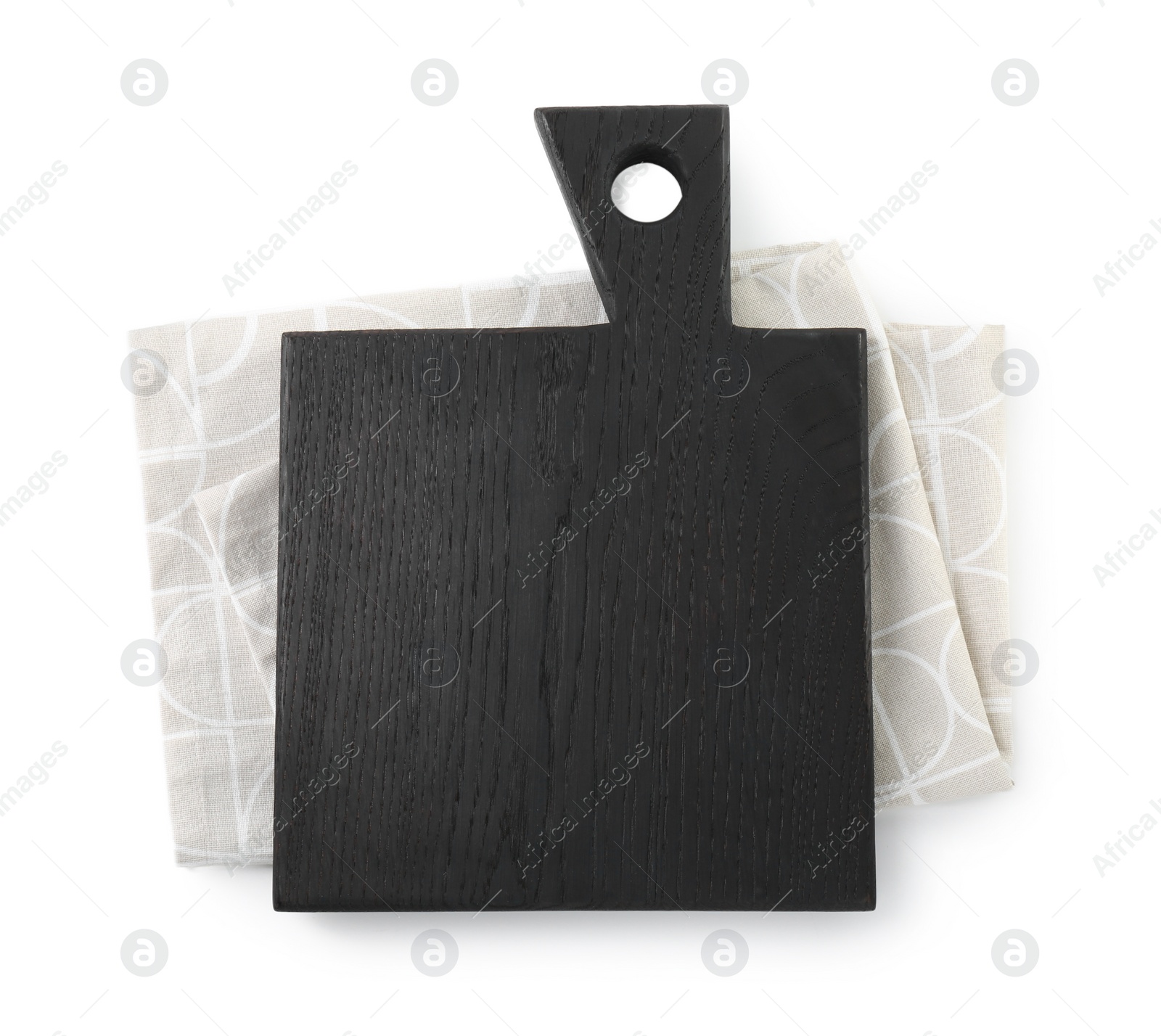 Photo of Black wooden cutting board and napkin isolated on white, top view