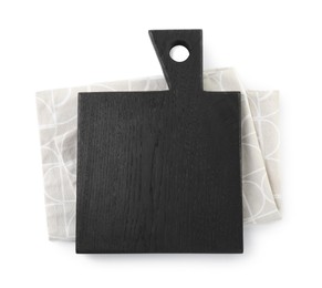 Photo of Black wooden cutting board and napkin isolated on white, top view