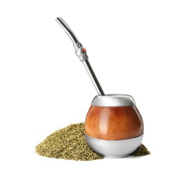 Photo of Calabash with mate tea and bombilla on white background