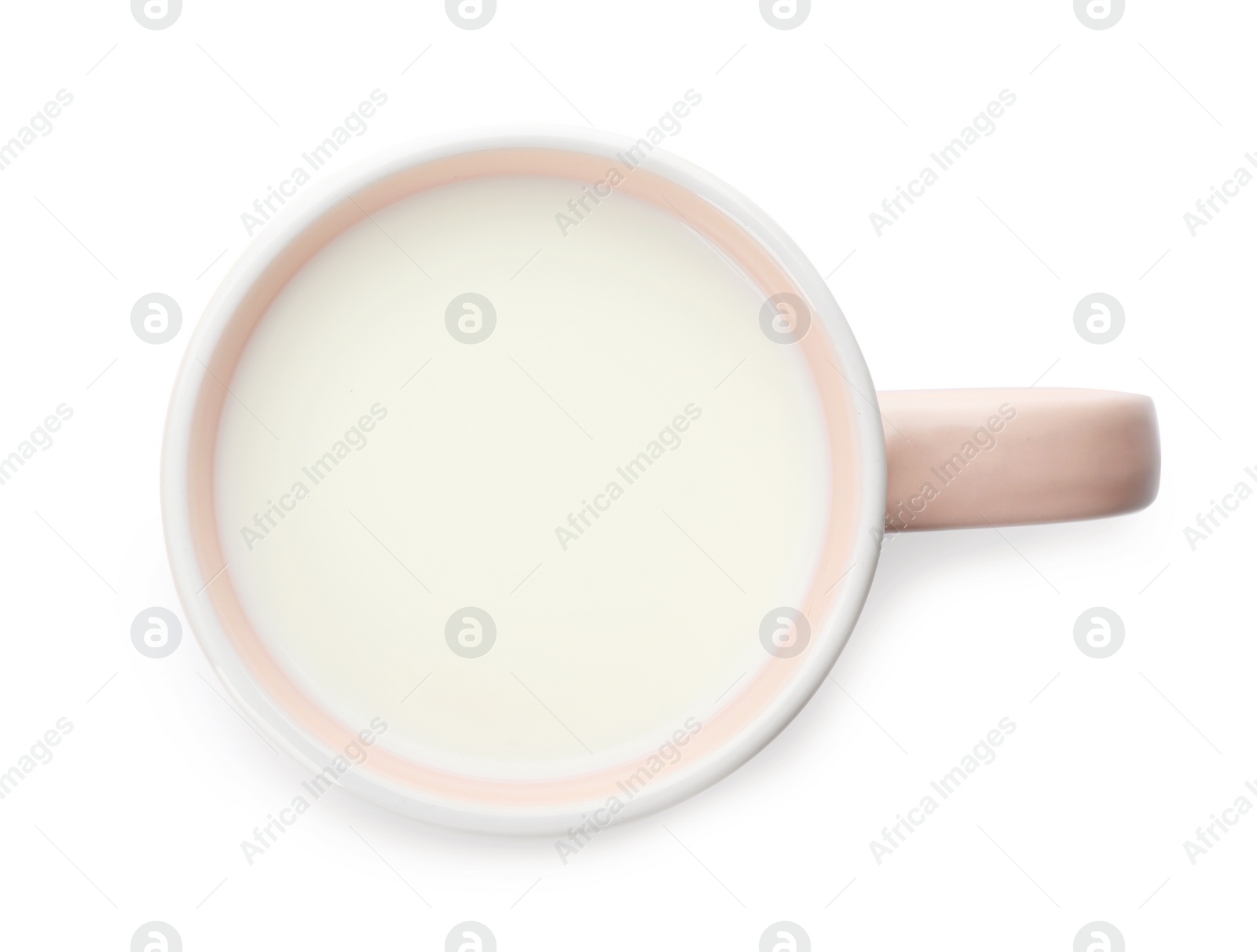Photo of Cup of fresh milk isolated on white, top view