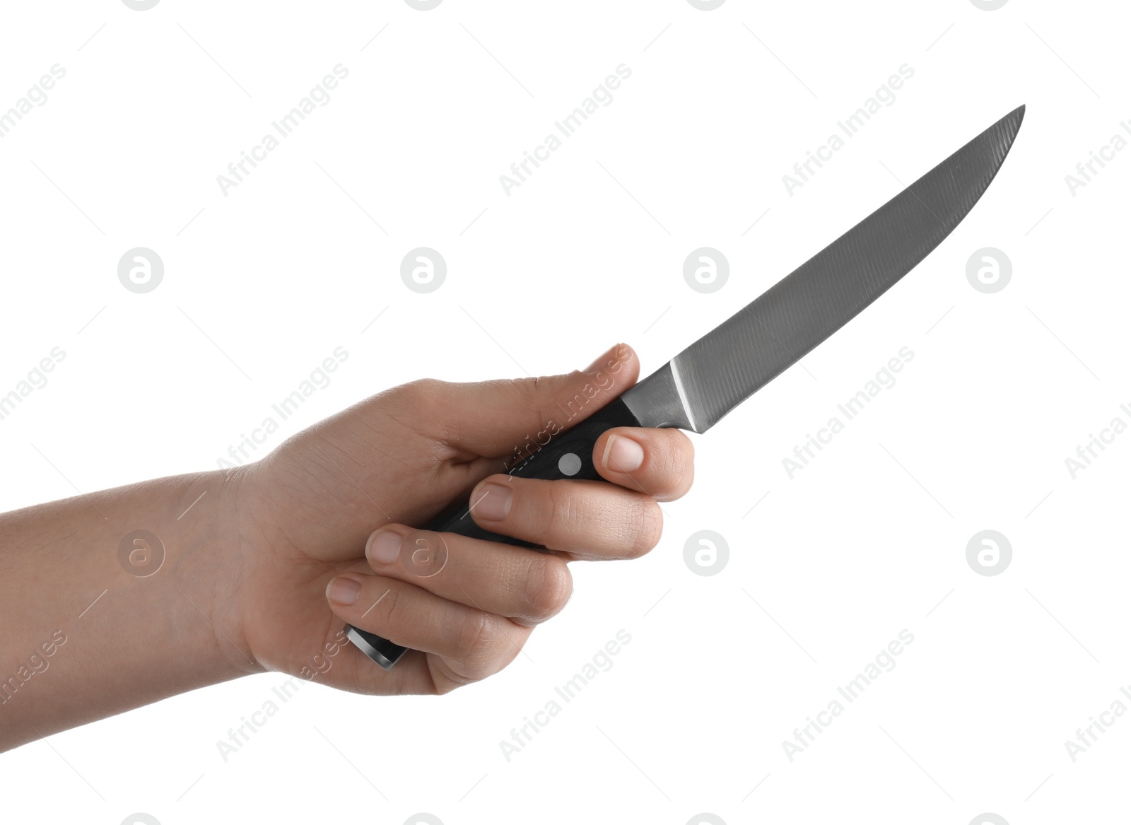 Photo of Woman holding knife on white background, closeup