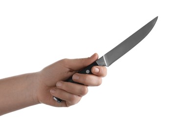 Photo of Woman holding knife on white background, closeup