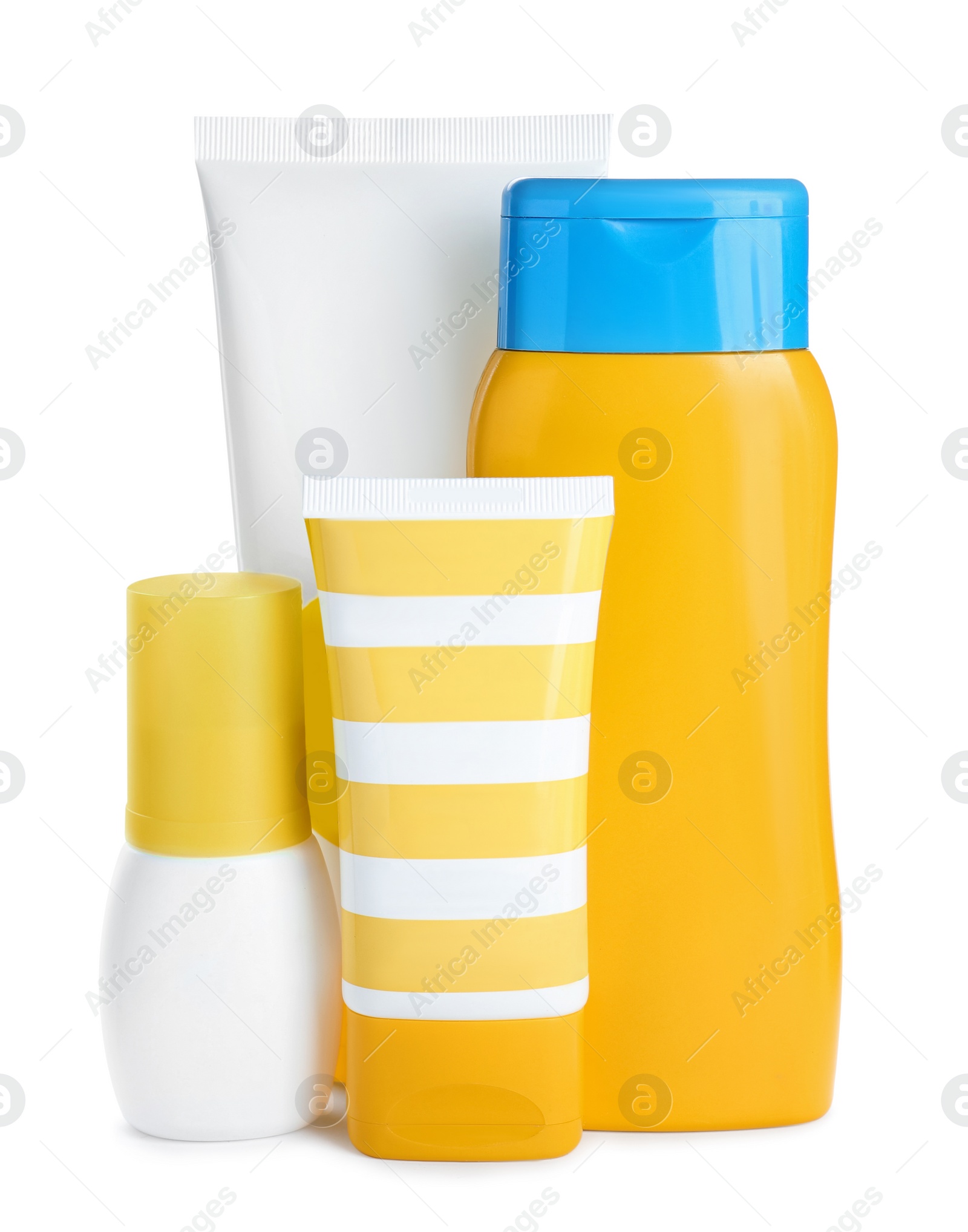 Photo of Many different suntan products on white background