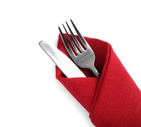 Photo of Fork and knife wrapped in red napkin on white background, top view