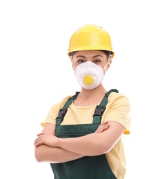 Female industrial worker in uniform on white background. Safety equipment