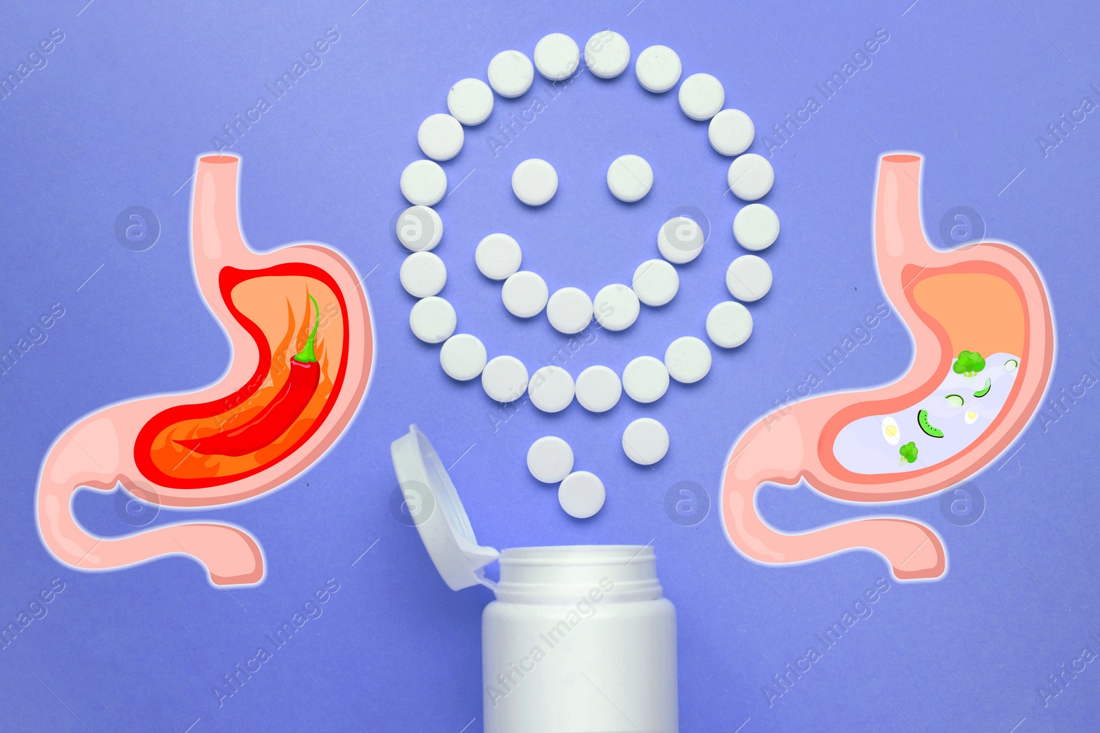 Image of Antacid pills for heartburn, happy face made of medications symbolizing result of treatment on color background, flat lay. Chili pepper on fire as acid indigestion and nutrient products in water as healthy condition, stomach illustrations