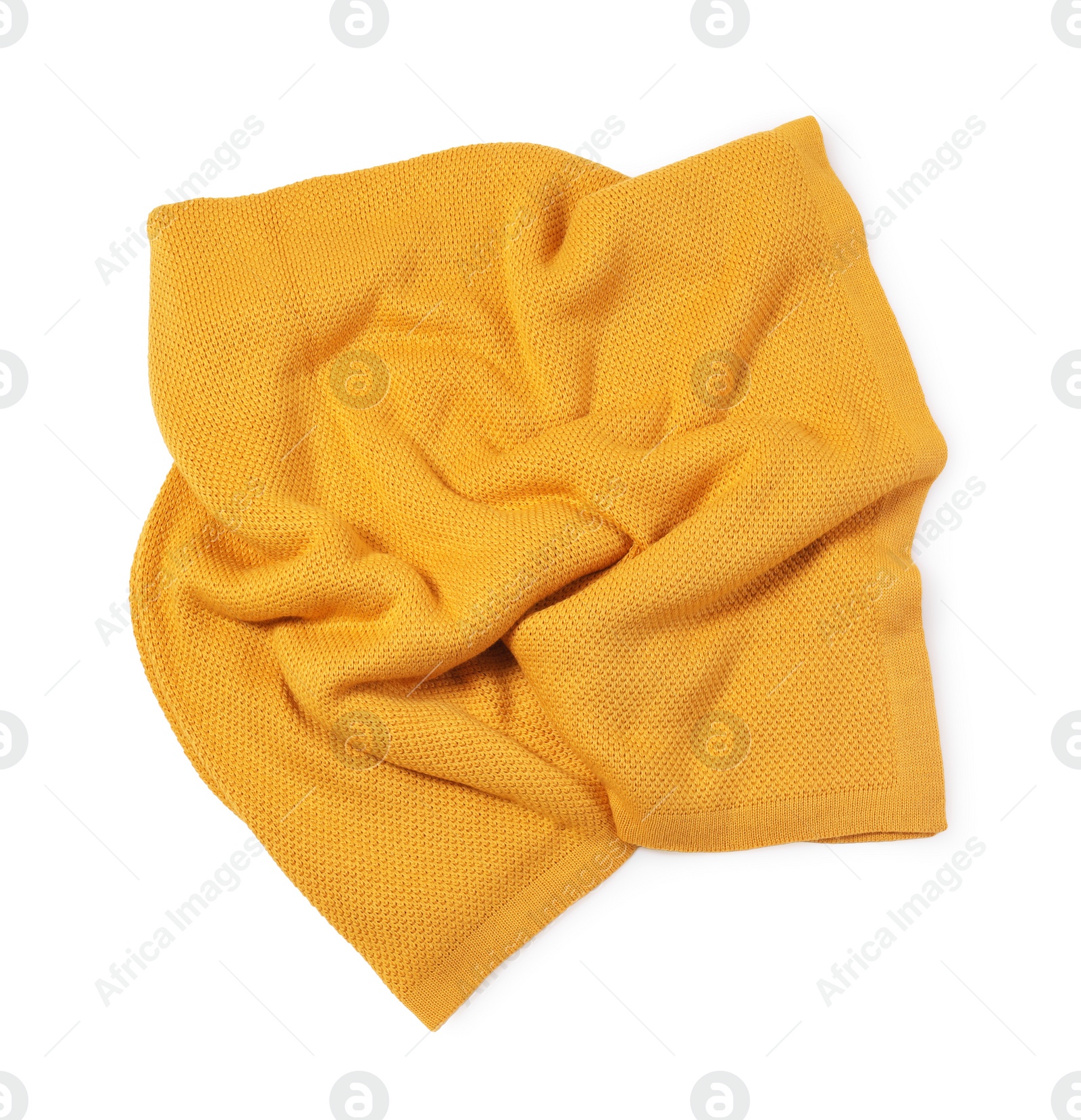 Photo of Beautiful yellow knitted blanket isolated on white, top view