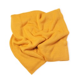 Photo of Beautiful yellow knitted blanket isolated on white, top view