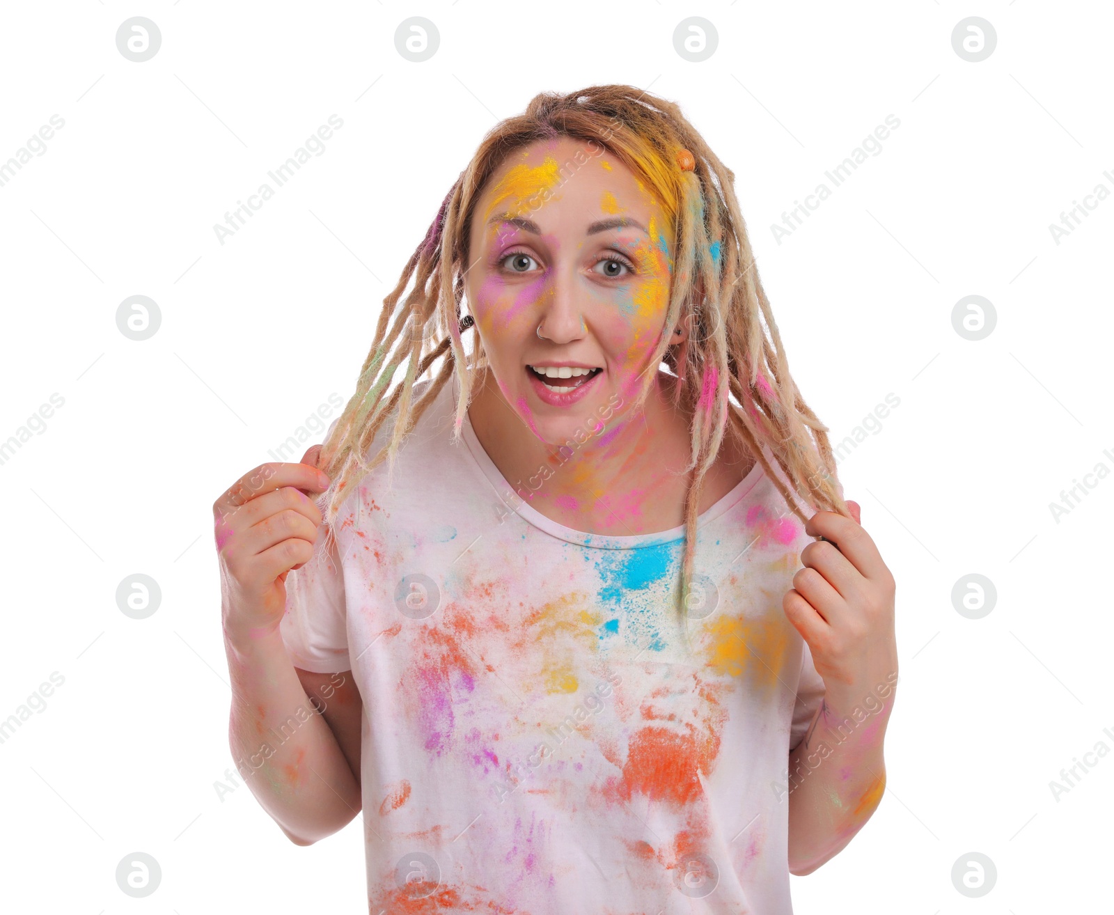 Photo of Woman covered with colorful powder dyes on white background. Holi festival celebration