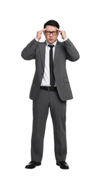 Tired businessman in suit wearing glasses on white background