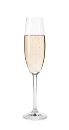 Photo of Glass of champagne on white background. Festive drink