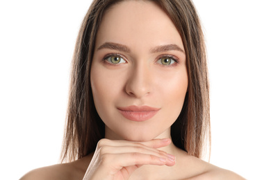 Photo of Portrait of young woman with beautiful face on white background