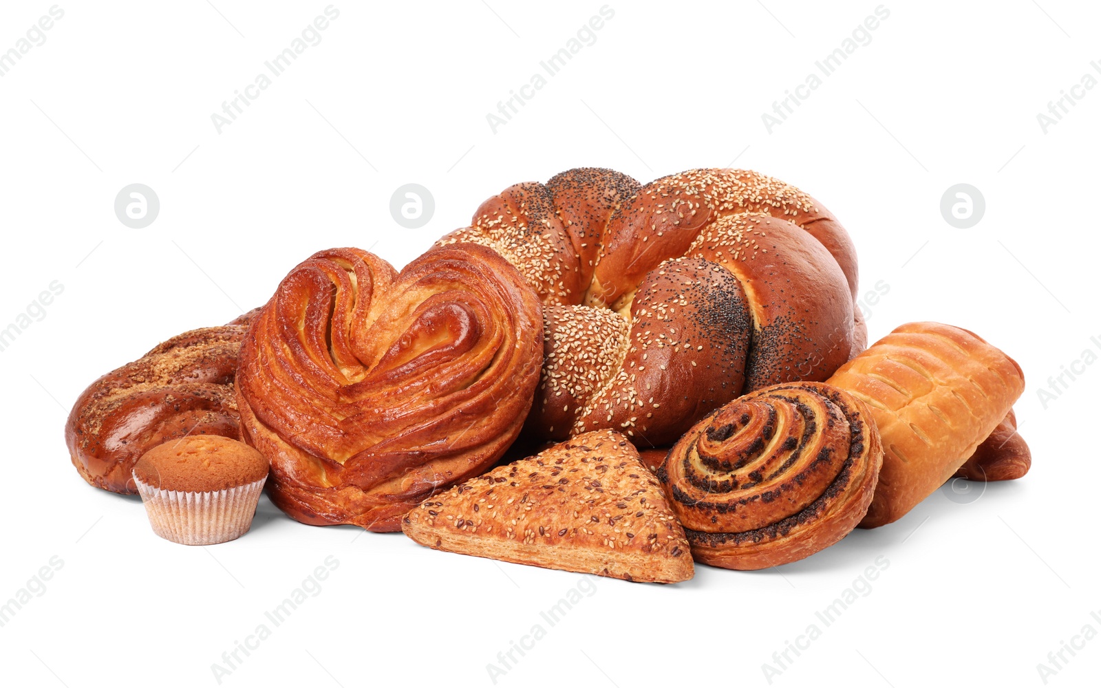 Photo of Different tasty freshly baked pastries isolated on white