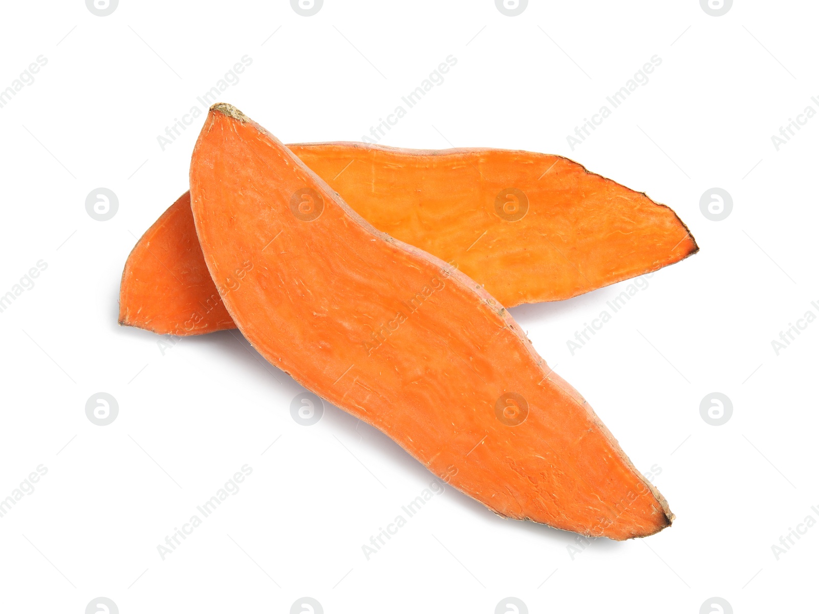 Photo of Slices of ripe sweet potato on white background, top view