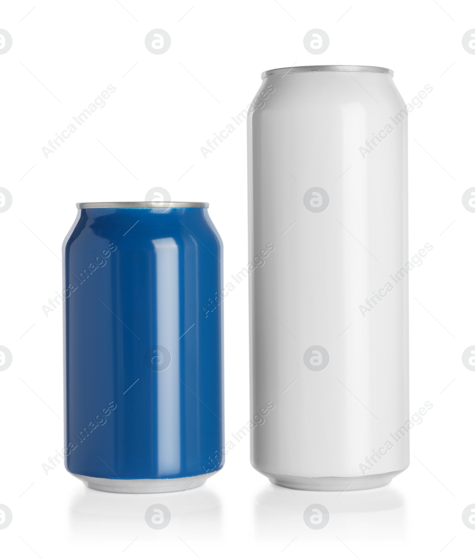 Photo of Aluminum cans with drinks on white background