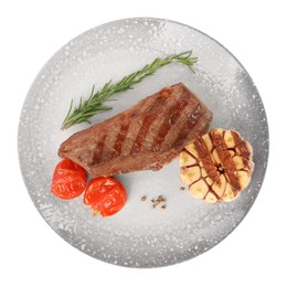 Photo of Delicious grilled beef steak with tomatoes and spices isolated on white, top view
