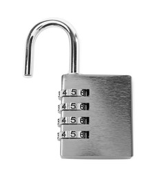 Photo of Unlocked steel combination padlock isolated on white, top view