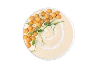 Photo of Tasty chickpea soup in bowl on white background, top view